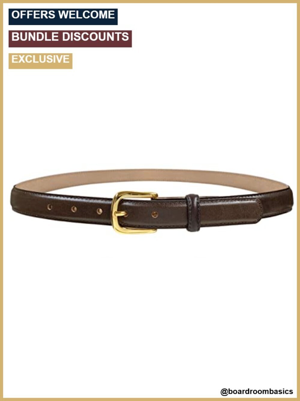 Genuine Full-Grain Cowhide Leather Dress Belt Solid Brass Gold Buckle 1 3/8 or
